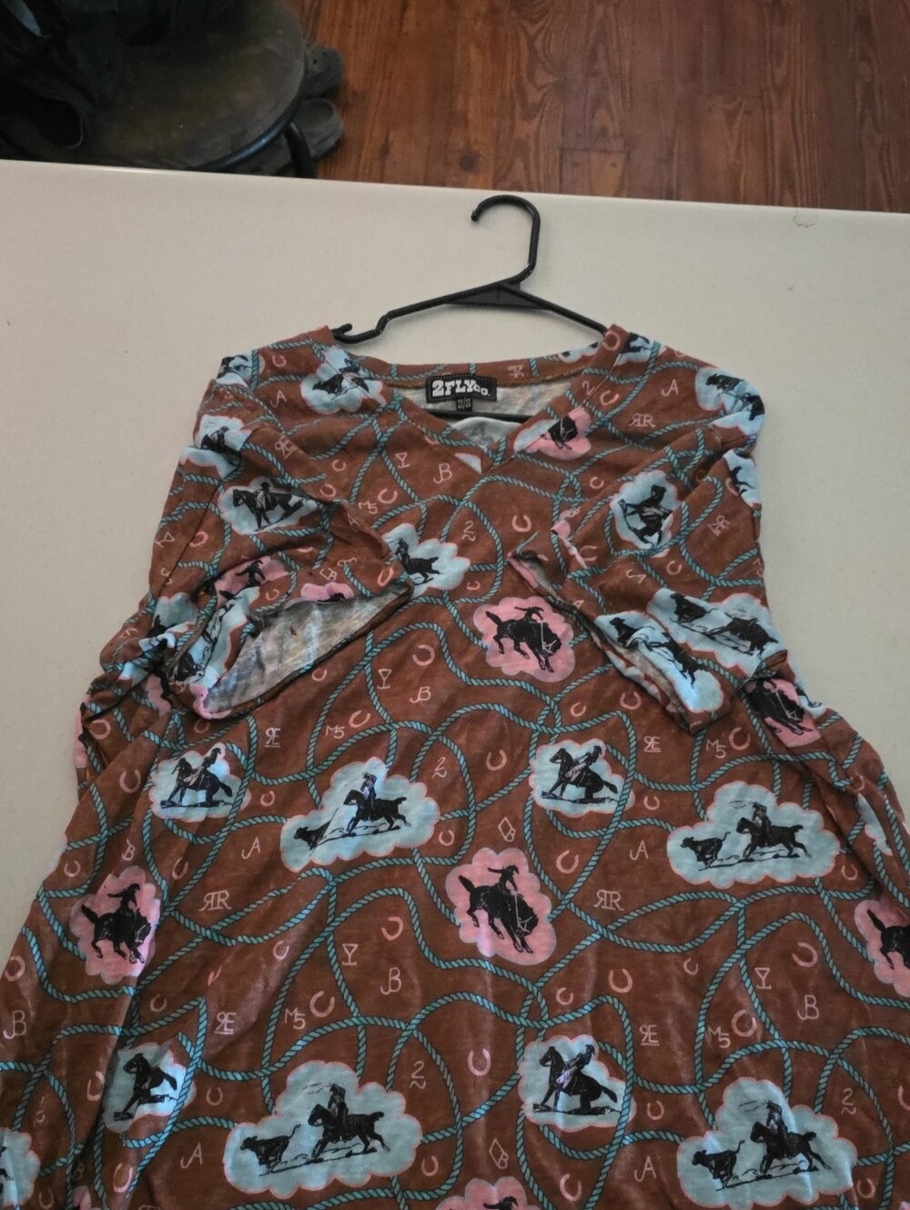 2Twelve Brown Printed Western-Style Blouse with Pink & Light Blue Accents